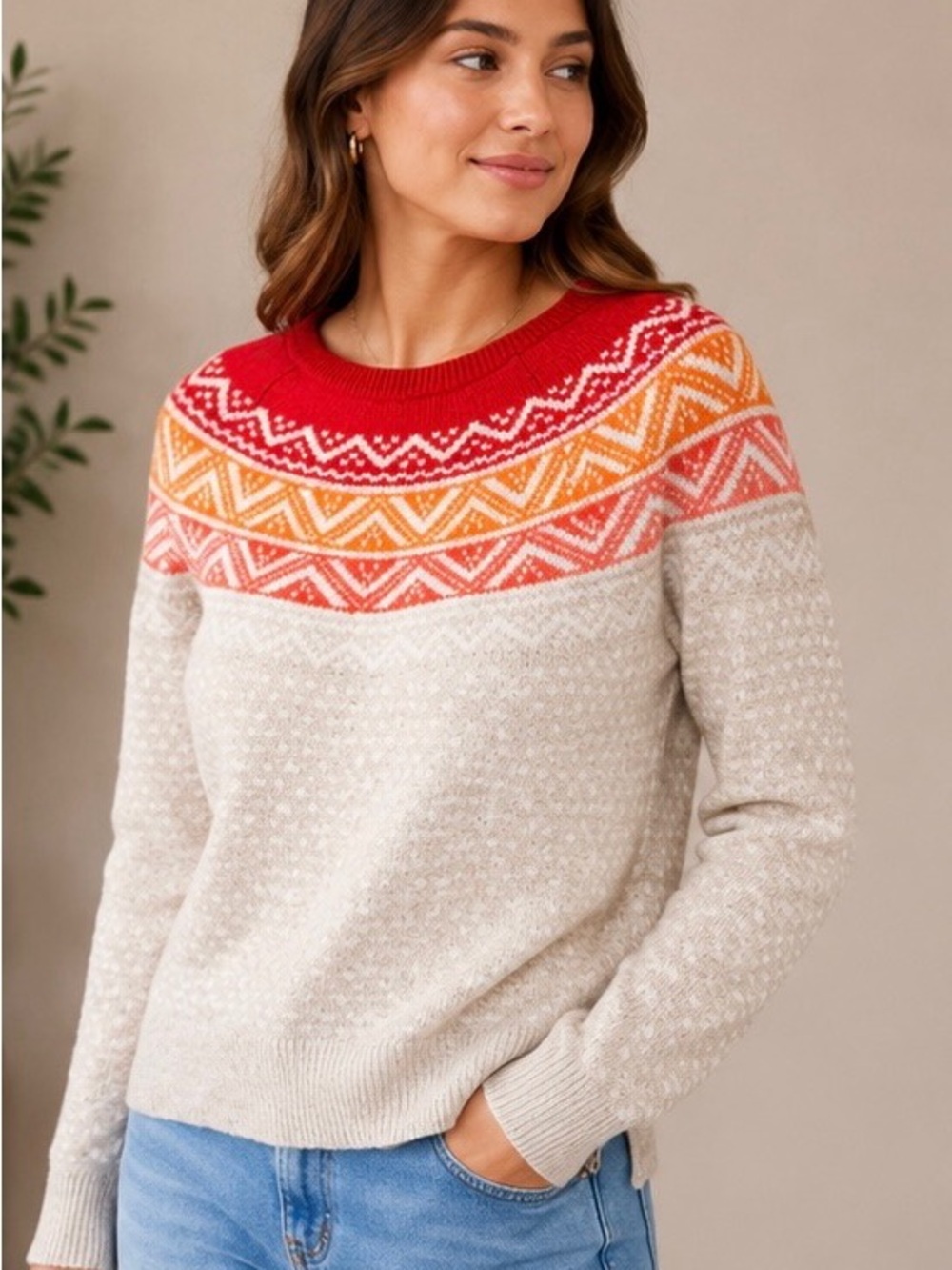 GAP Cream Sweater with Red, Orange & Coral Fair Isle Yoke